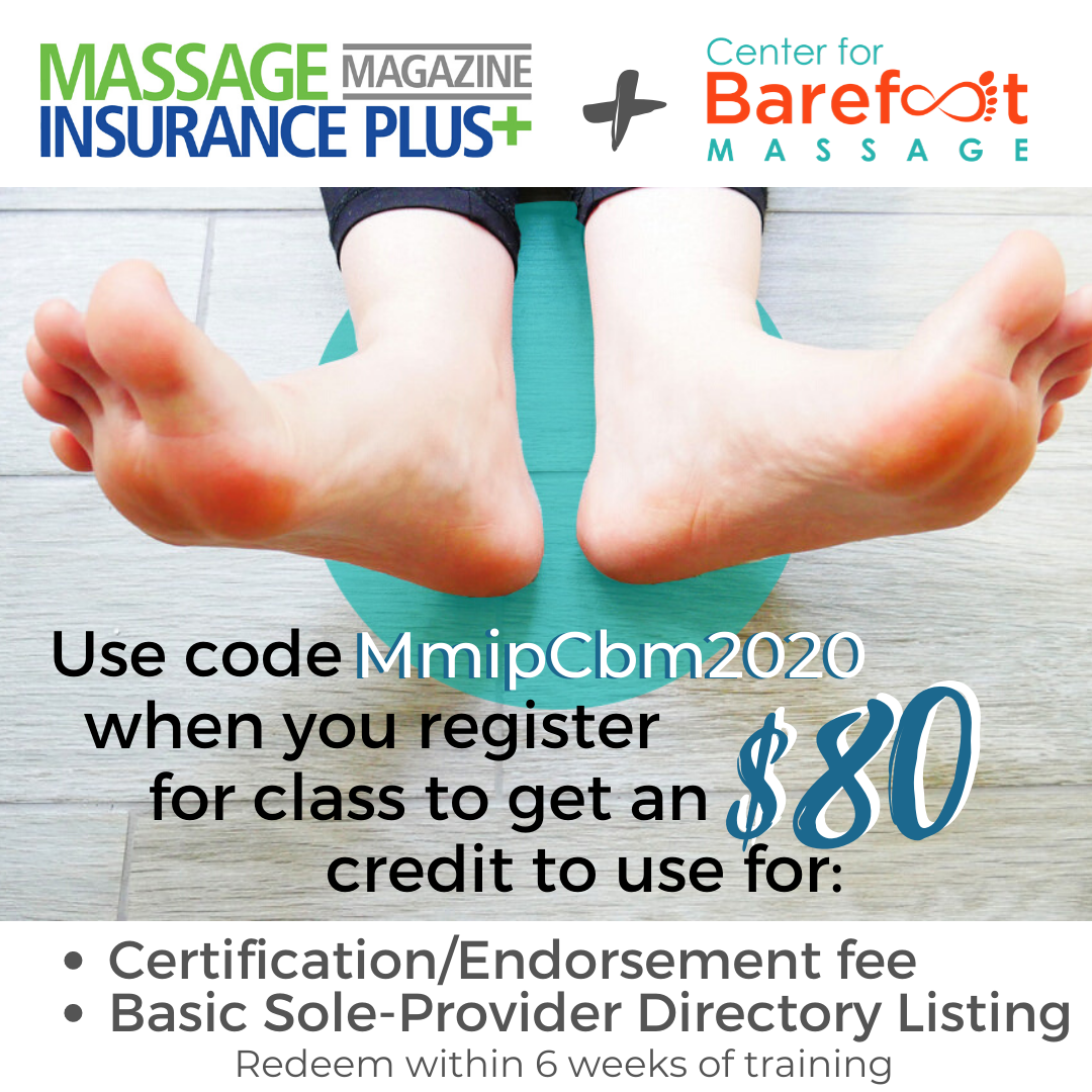 massage insurance plus and the Center for Barefoot Massage's special code, MmipCbm2020